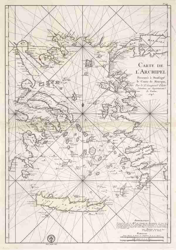 Ναυτικός χάρτης Αιγαίου αντίκα Αρχιπέλαγος Αιγαίον του 1745 Εξαιρετκός και σπάνιος χάρτης του Αιγαίου του 1745, έργο του J.F. Letenneur