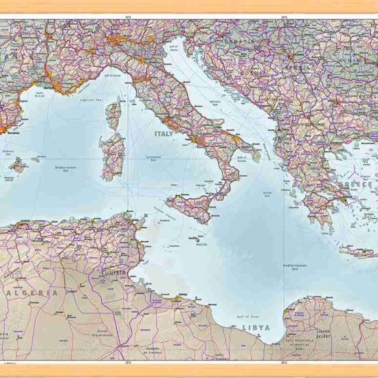 Λεπτομερής χάρτης Μεσογείου στα Αγγλικά, μουσαμάς με πηχάκια πάνω κάτω έτοιμος για κρέμασμα σε τοίχο 138X74 cm