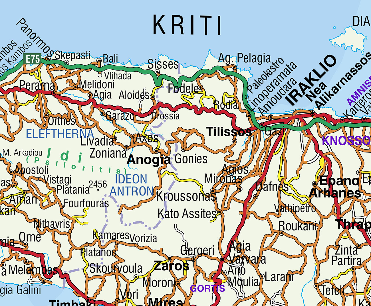 Χάρτης Κρήτης οδικός. Λεπτομερής οδικός χάρτης της Κρήτης με δρόμος μεγαλύτερες και μοκρότερες πολεις και χωριά της Κρήτης.