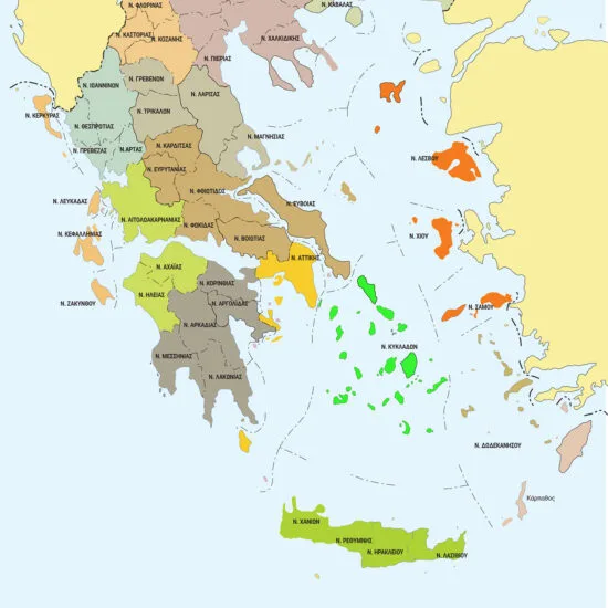 Πολιτικός χάρτης Ελλάδας στα Ελληνικά με νομούς. (ΚΩΔ.PER-01). Νομοί Ελλάδας περιφερειακές ενότητες Ελλάδος σύμφωνα με το πρόγραμμα Καλλικράτης.